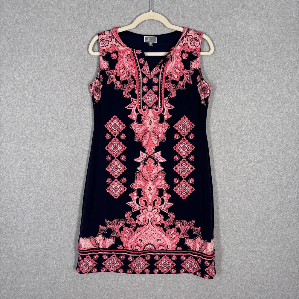 JM Collection Dress Small Navy Pink Medallion Slinky Liquid Career Knit Southern